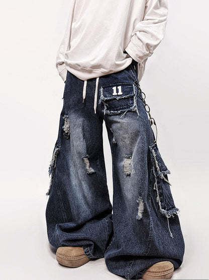 Number Patch Damage Wide Leg Cargo Denim Jeans WN24012