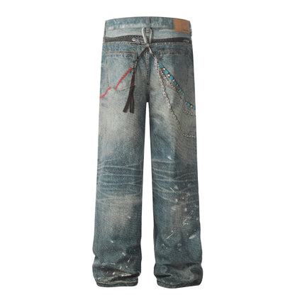 Washed Damage Wide Leg Straight Denim Jeans WN25896