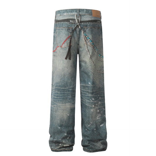 Washed Damage Wide Leg Straight Denim Jeans WN25896