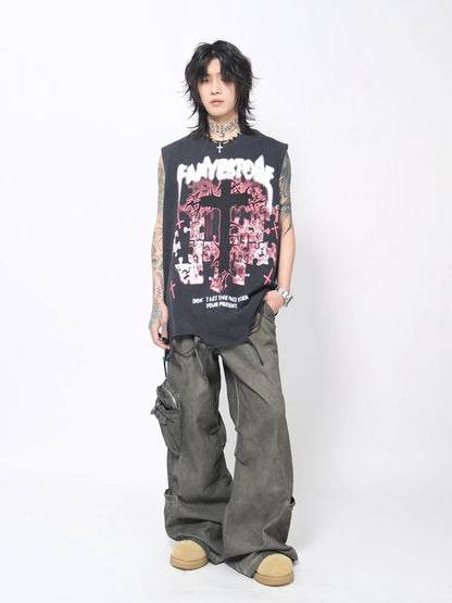 Cross Graphic Print Damage Drawstring Sleeveless T-Shirt WN24490