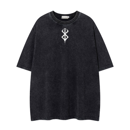 Washed Damage Sword Symbol Print Short Sleeve T-Shirt WN26916