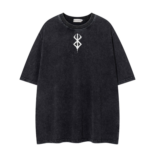 Washed Damage Sword Symbol Print Short Sleeve T-Shirt WN26916