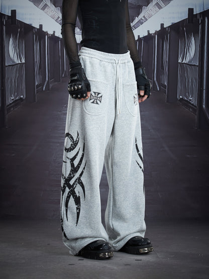 Totem Print Elastic Waist Fleece Lining Straight Sporty Pants WN22885