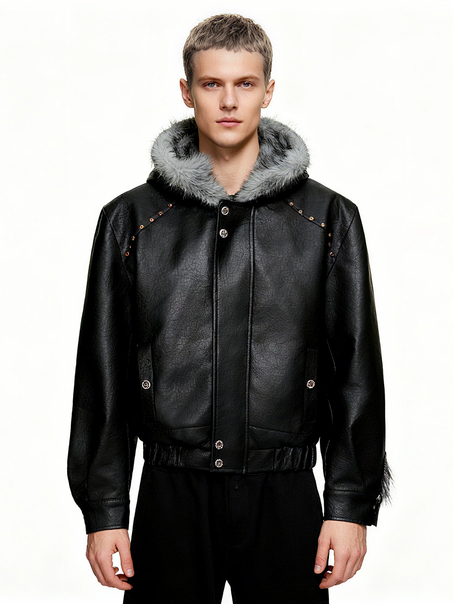 Hooded Fake Fur Collar PU Leather Jacket WN22594