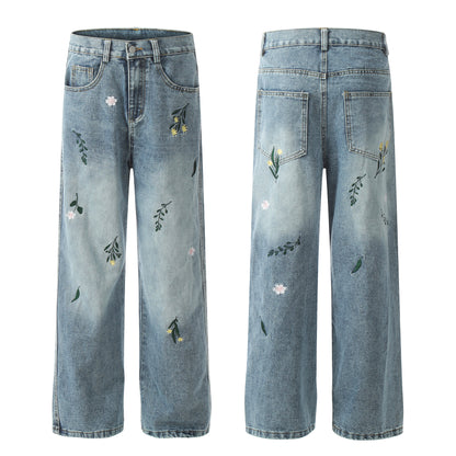 Floral Washed Wide-Leg Straight Denim Jeans WN11084