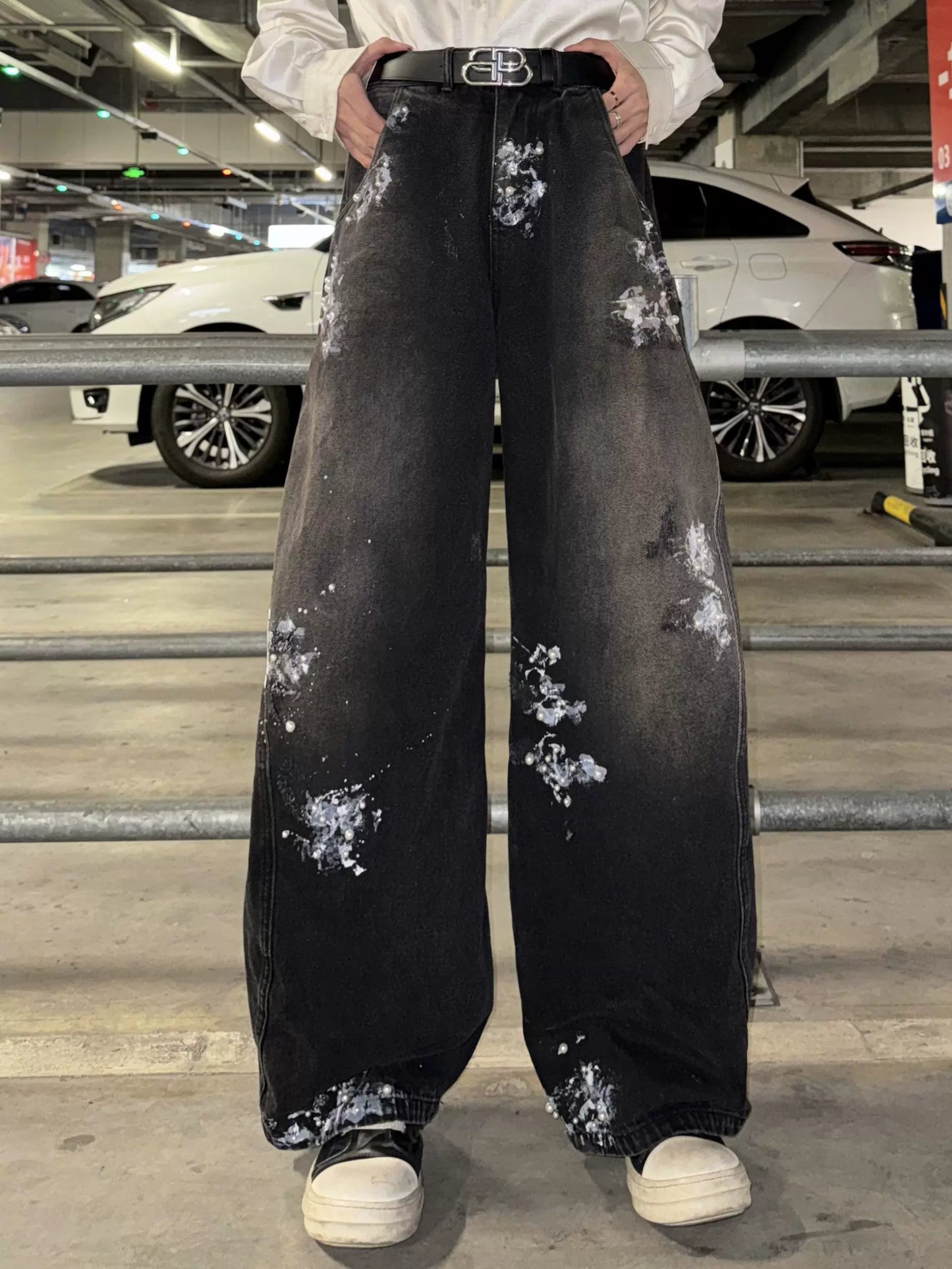 Paint Pearl Design Wide Leg Denim Jeans WN20730