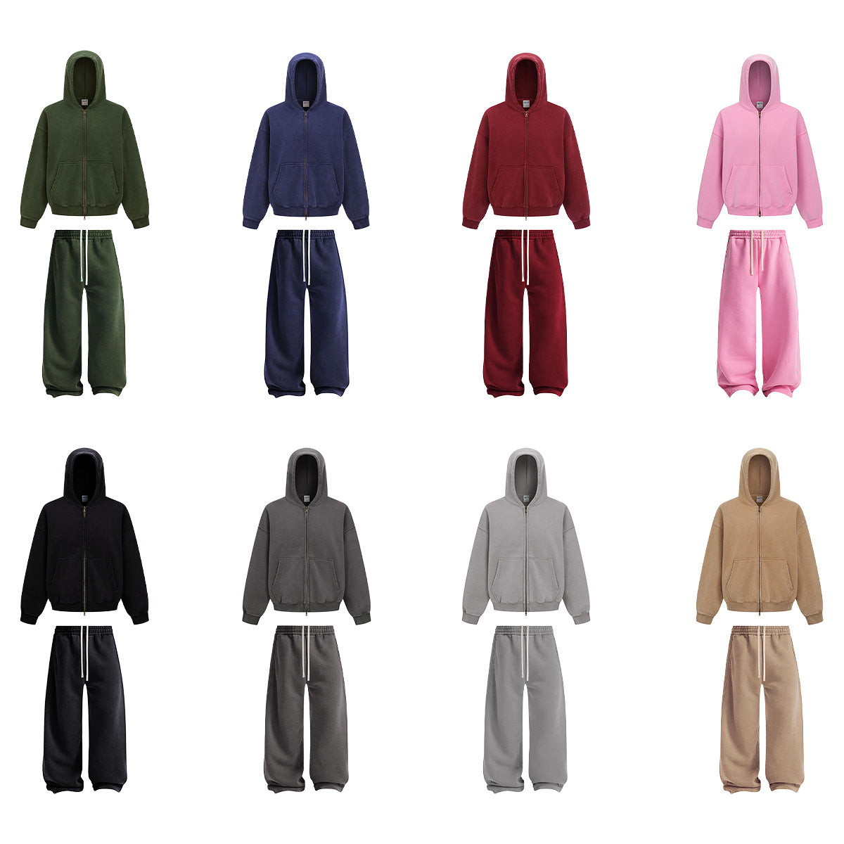 Fleece Lining Zip-Up Wax Dye Zipper Hoodie & Wide Leg Pants Sweatpants WN23112