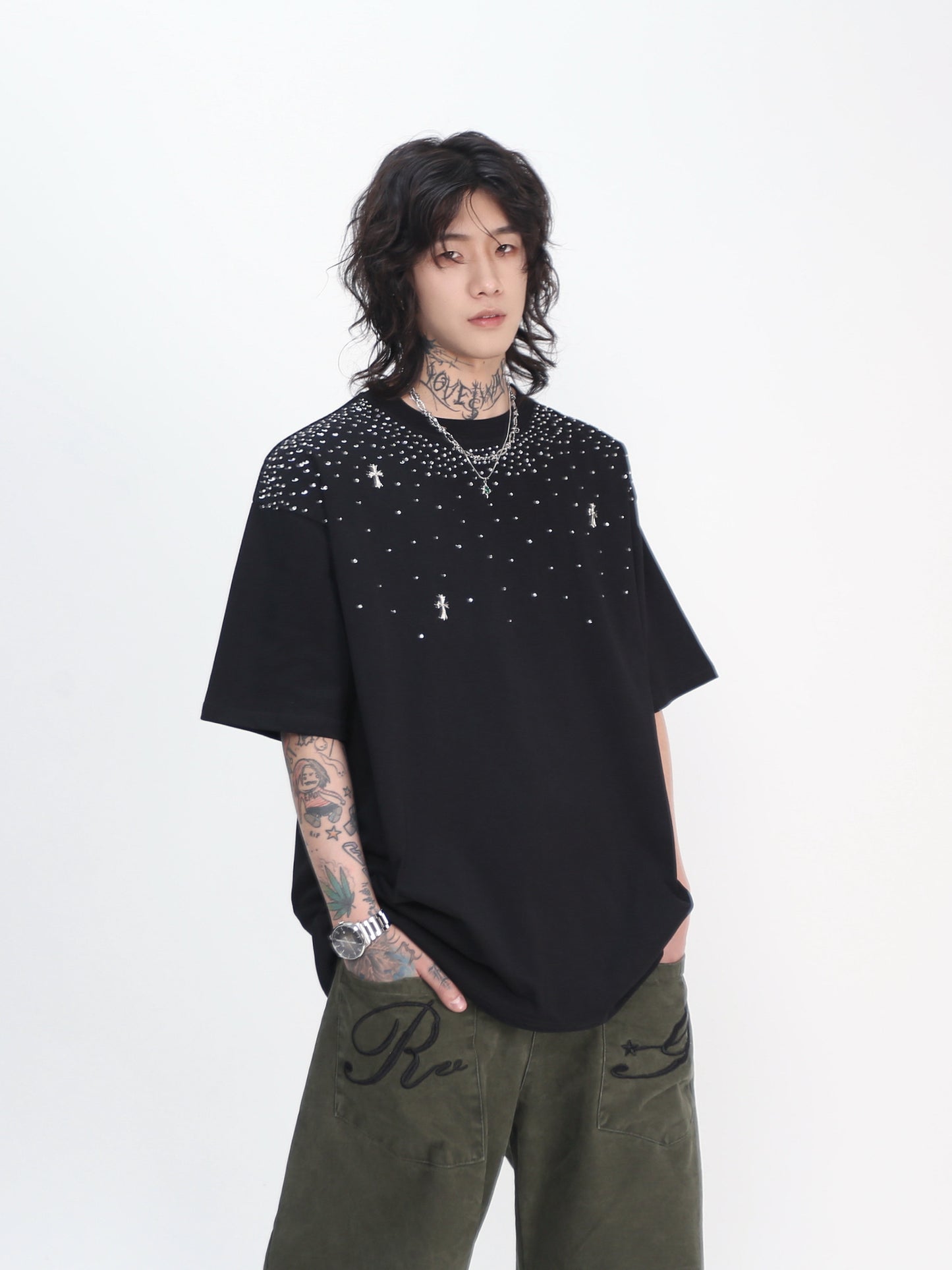 Oversize Rhinestone Cross Print Short Sleeve T-Shirt WN24445