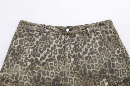 Leopard Print Multi-Pocket Wide Leg Half Pants WN25827