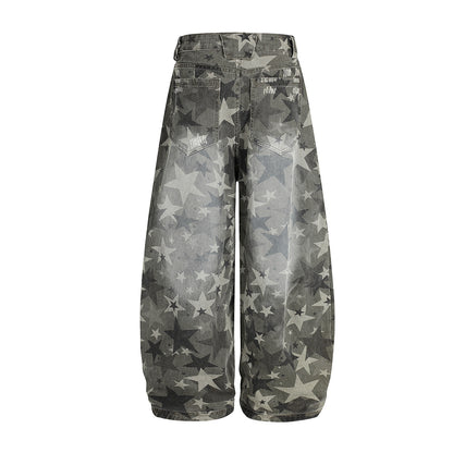 Star Print Washed Wide Leg Denim Jeans WN23602