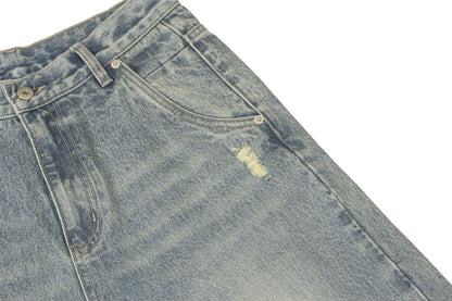 Washed Damage Wide-Leg Straight Denim Jeans WN16206