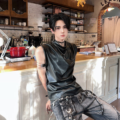 PU Leather Sleeveless T-Shirt WN25114
