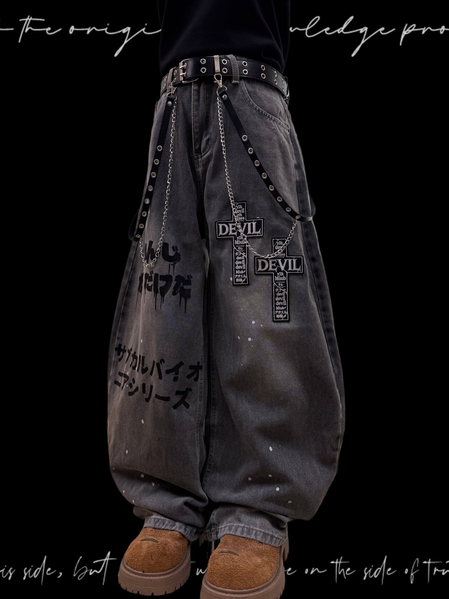 Graffiti Chain Strap Wide Leg Denim Jeans & Skull Belt & Cross Belt & Belt Chain WN23831