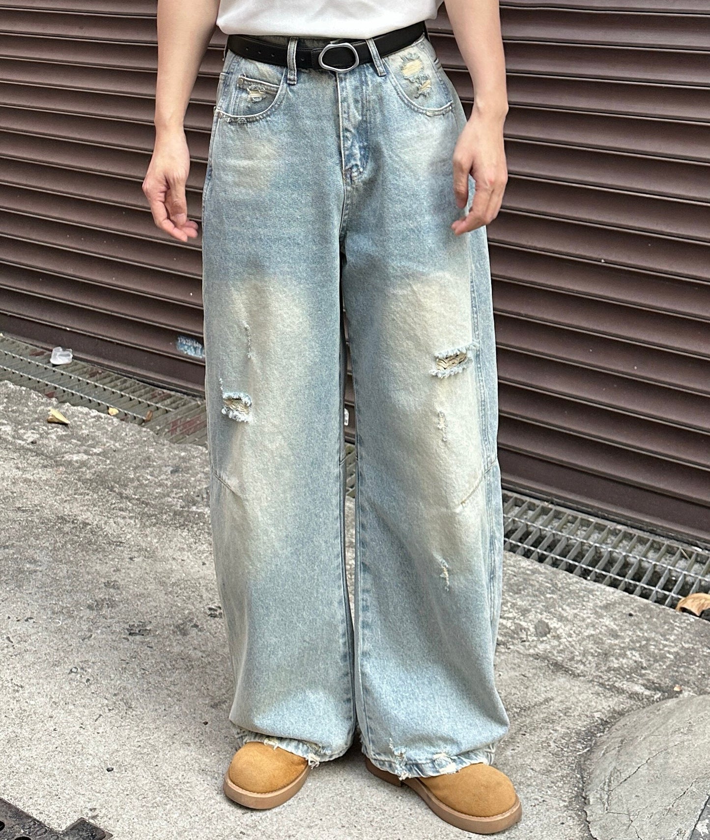 Wash Damage Wide Leg Long Denim Jeans WN25261
