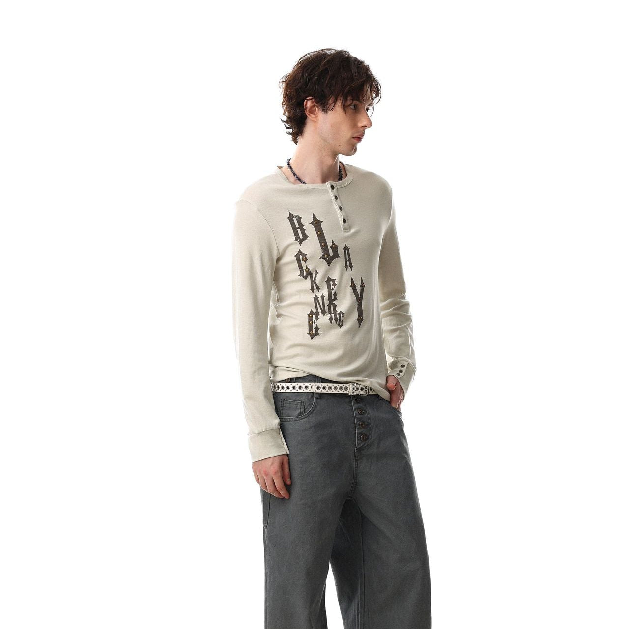 Henley Letter Studs Detail Long Sleeve T-Shirt WN25404