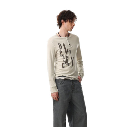 Henley Letter Studs Detail Long Sleeve T-Shirt WN25404