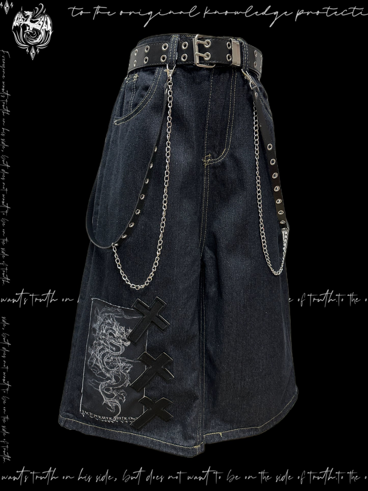 Patchwork Wide Leg Half Denim Jeans & Belt & Chain WN20127