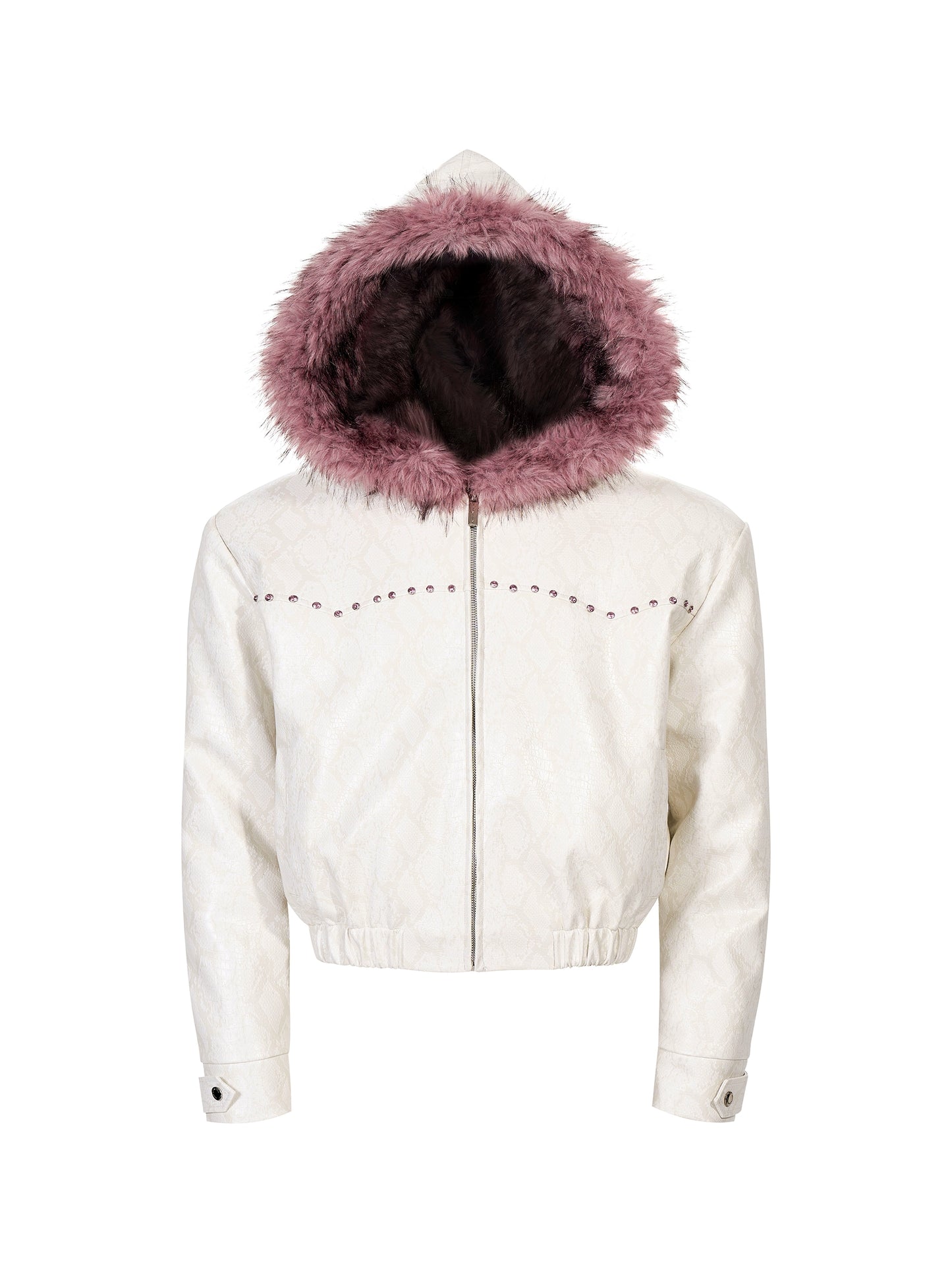 Snake Pattern Fake Fur Hooded Short PU Leather Jacket WN22161