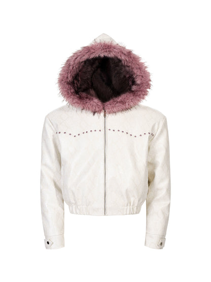 Snake Pattern Fake Fur Hooded Short PU Leather Jacket WN22161