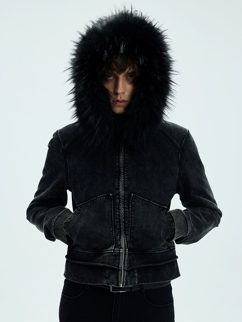 Detachable Fake Fur Washed Zipper Hoodie WN9072