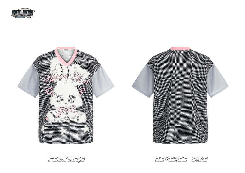 V-Neck Cartoon Rabbit Letter Print T-Shirt WN26602