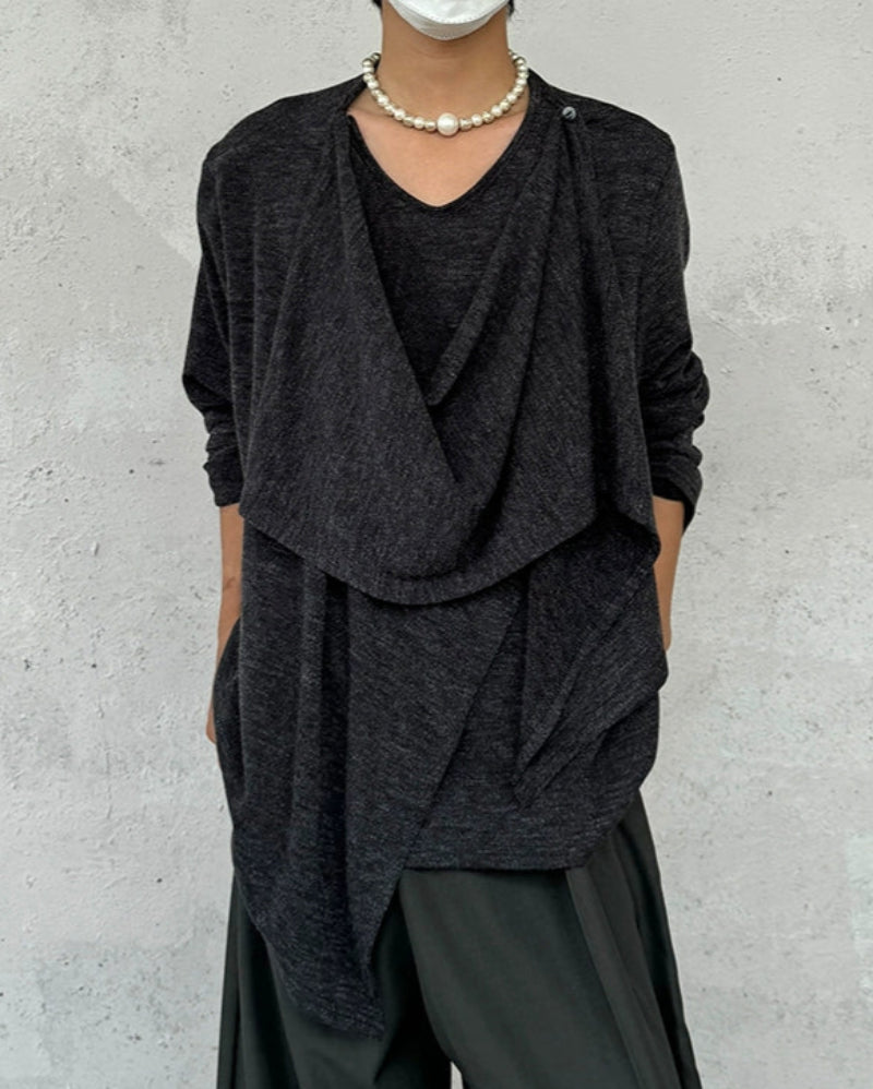 Draped Neck Asymmetrical Patchwork Knit Sweater WN19944