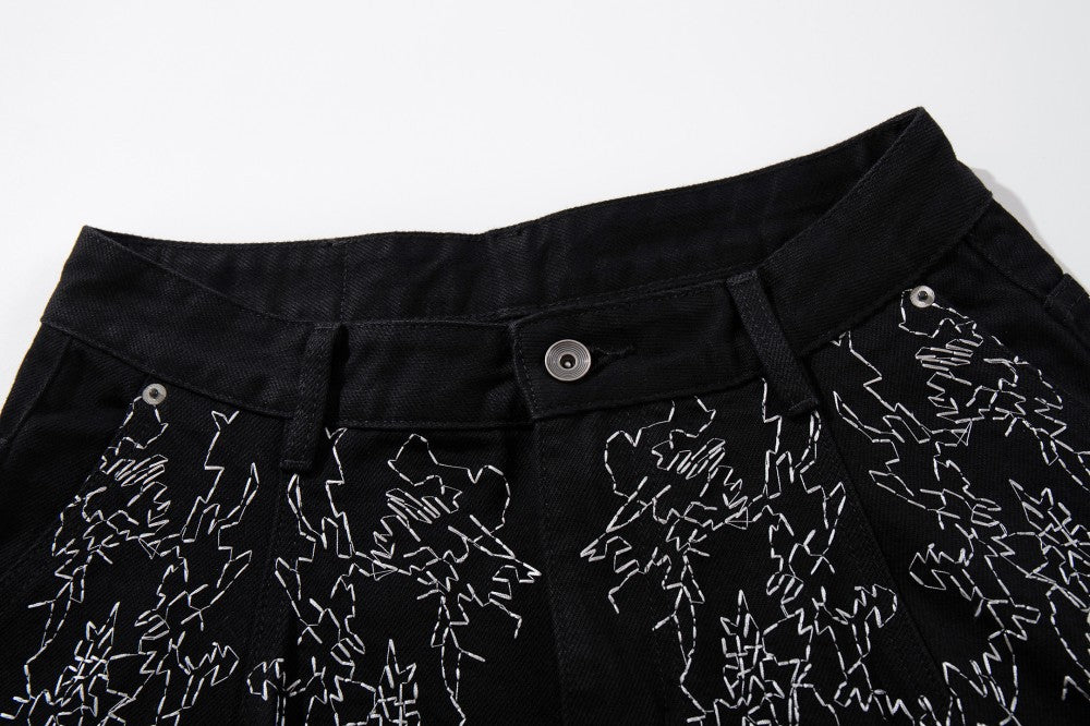 All-Over Embroidery Washed Wide Leg Denim Jeans WN27835