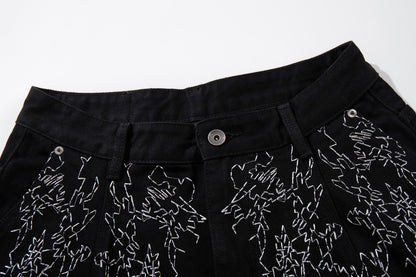 All-Over Embroidery Washed Wide Leg Denim Jeans WN27835