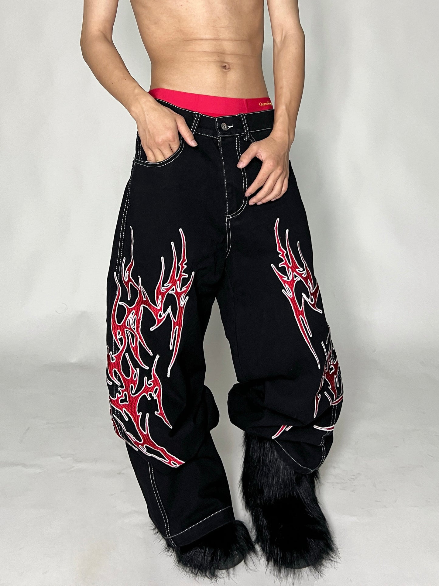 Flame Print Wide Leg Denim Jeans WN24133