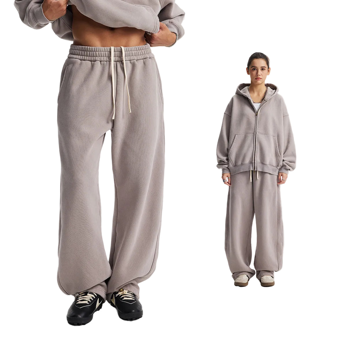 Fleece Lining Zip-Up Wax Dye Zipper Hoodie & Wide Leg Pants Sweatpants WN23112