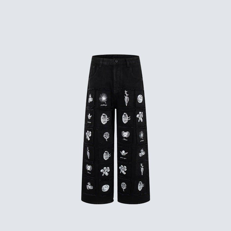 Deconstructed Sketch Applique Print Wide Leg Denim Jeans WN27884