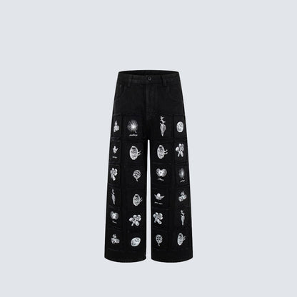 Deconstructed Sketch Applique Print Wide Leg Denim Jeans WN27884