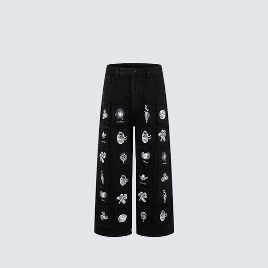 Deconstructed Sketch Applique Print Wide Leg Denim Jeans WN27884