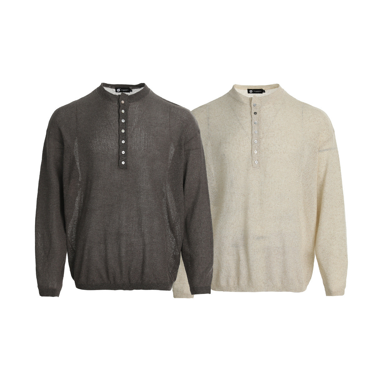 Openwork Linen Henley Neck Knit Sweater WN25712