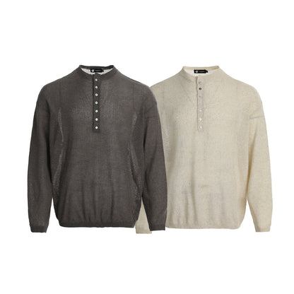 Openwork Linen Henley Neck Knit Sweater WN25712