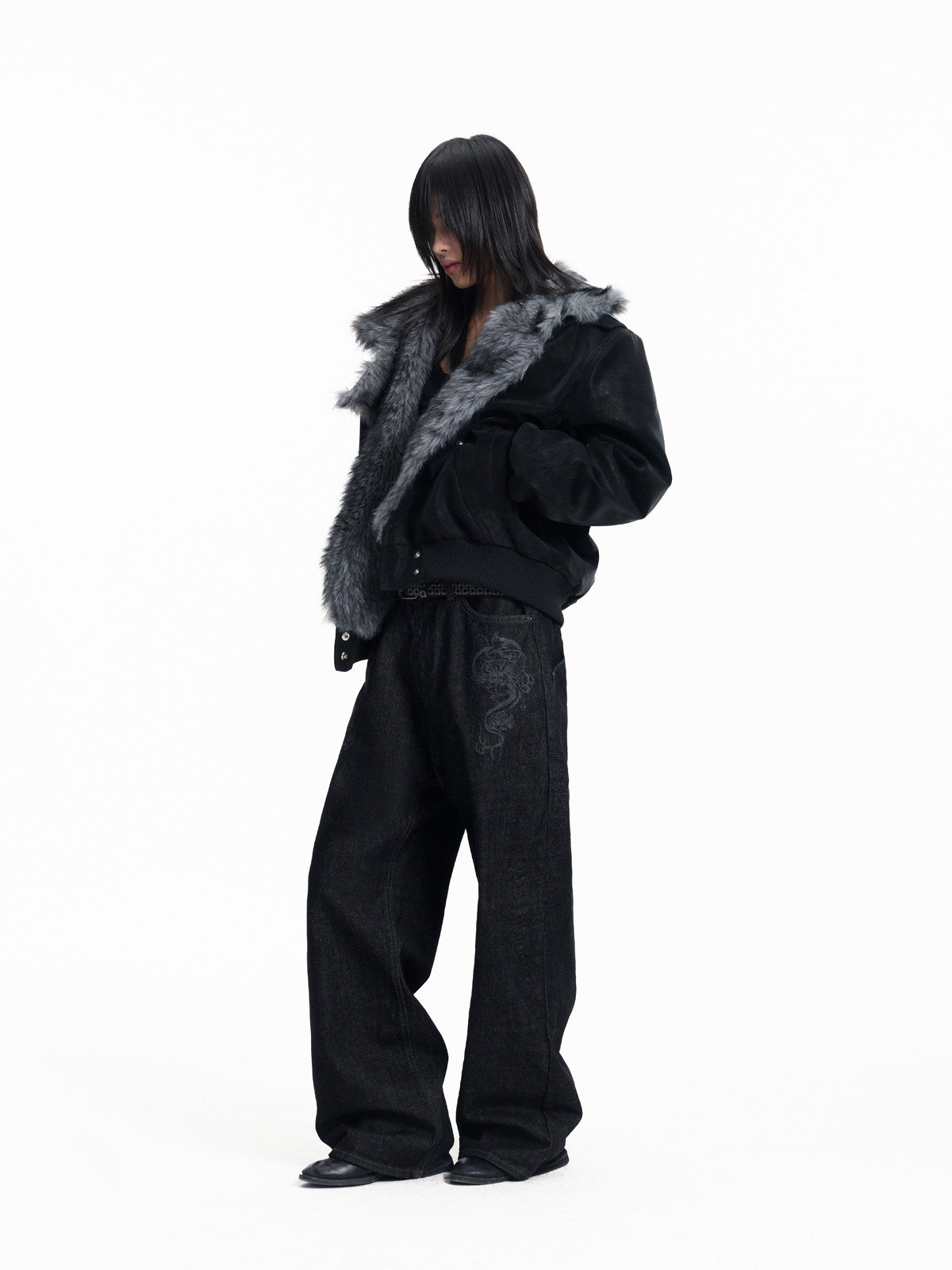 Fake Fur Patchwork Lapel PU Leather Jacket WN27325