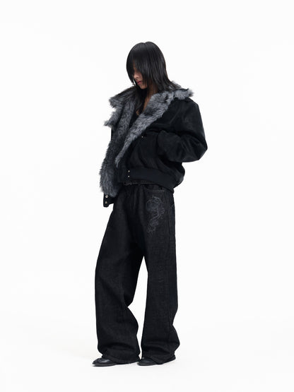 Fake Fur Patchwork Lapel PU Leather Jacket WN27325