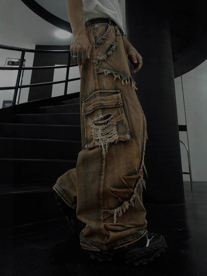 Patchwork Frayed Star Wide Leg Denim Jeans WN27842