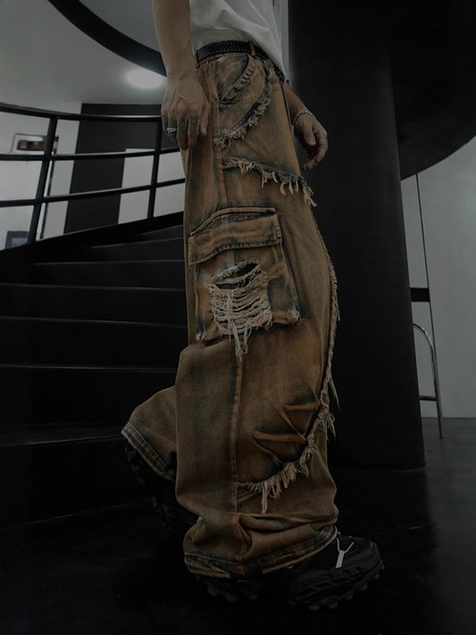 Patchwork Frayed Star Wide Leg Denim Jeans WN27842