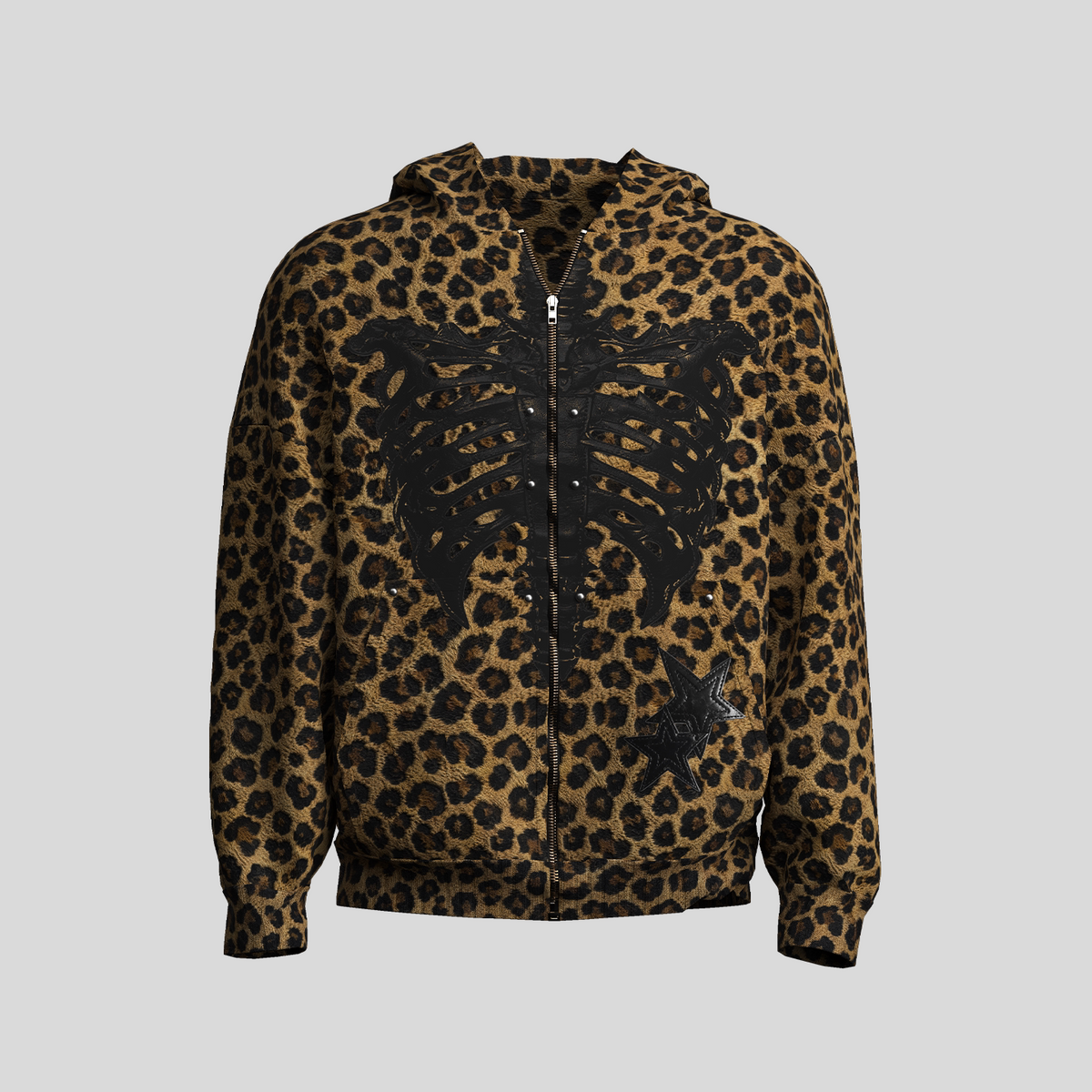 Leopard Print Skeleton Graphic Zipper Hoodie WN27096