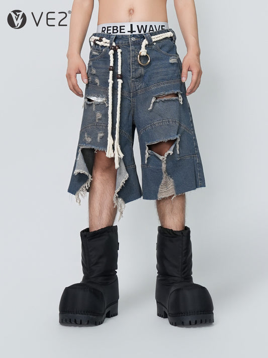 Washed Damage Fray Wide Leg Denim Half Jeans WN24314