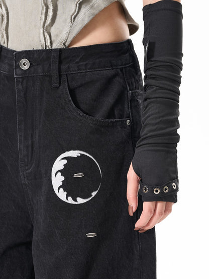 Ripped Circle Print Wide Leg Denim Jeans WN27892