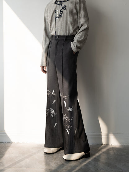 Floral Print Wide-Leg Flare Textured Trousers WN23837