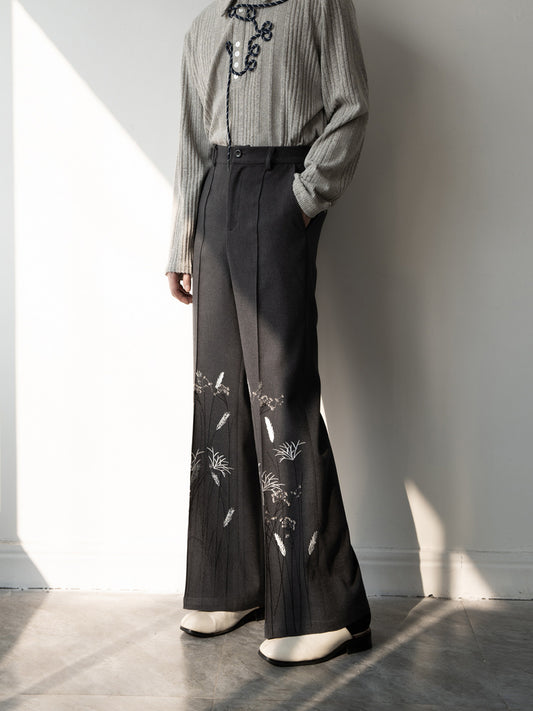 Floral Print Wide-Leg Flare Textured Trousers WN23837