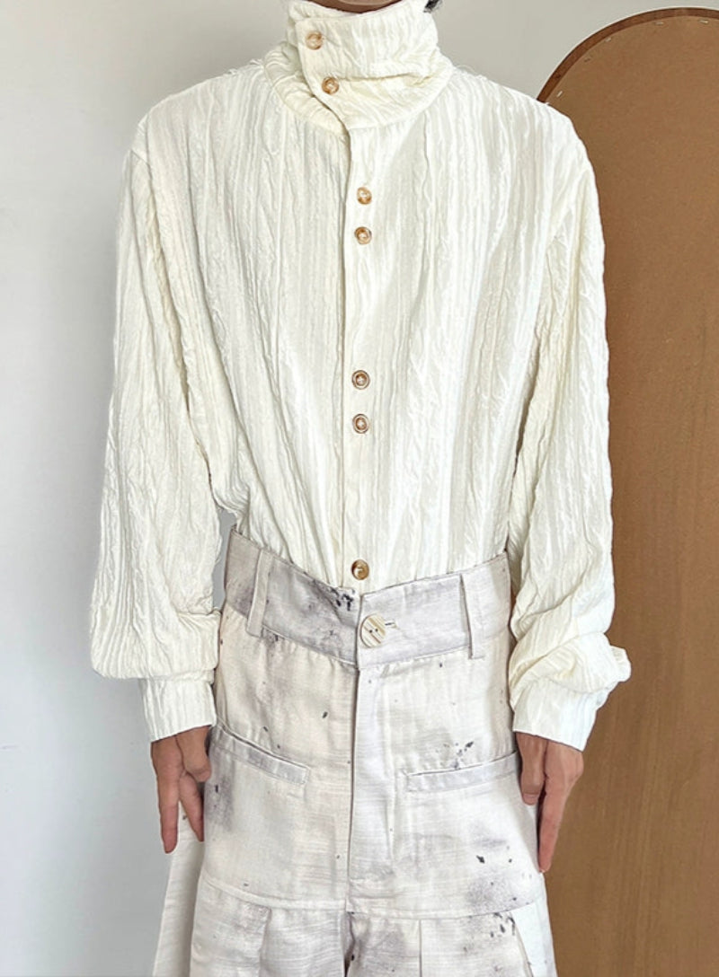 Texture Pleats High-Neck Long Sleeve Shirt WN20034