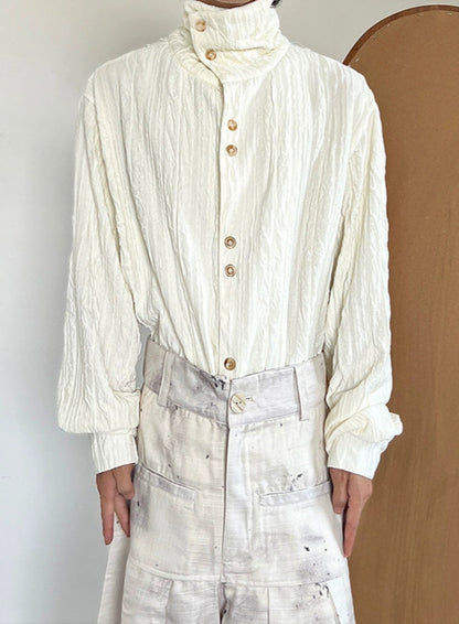 Texture Pleats High-Neck Long Sleeve Shirt WN20034