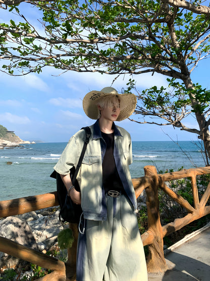 Paint Denim Short Sleeve Shirt & Wide Leg Denim Jeans Setup WN19866