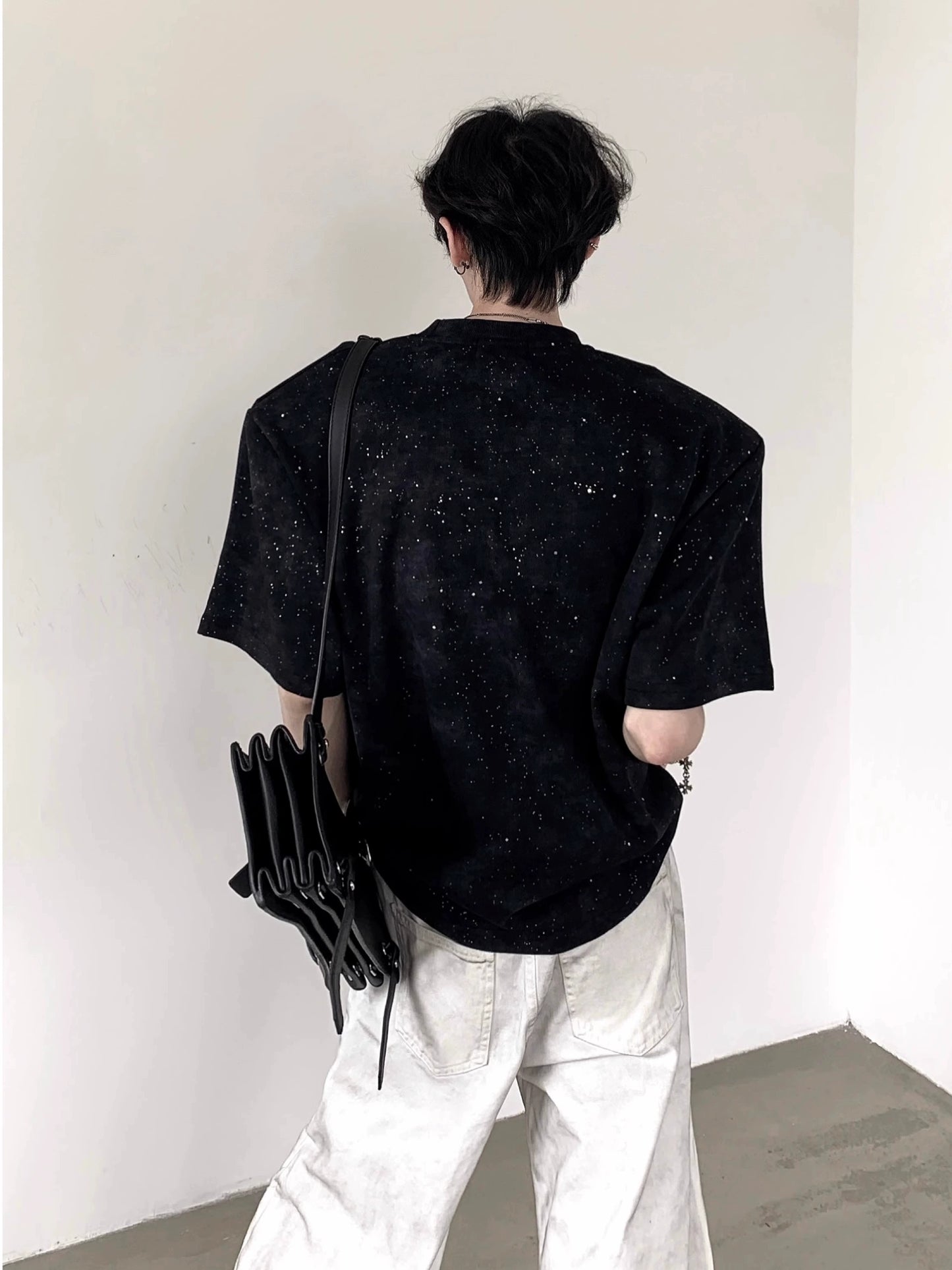 Metal Design Shoulder-Pad Short Sleeve T-Shirt WN20337