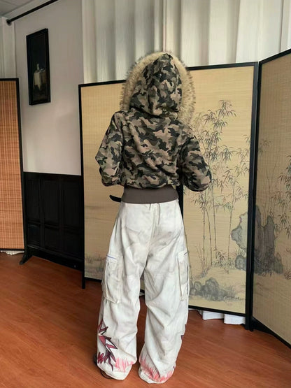 Camouflage Detachable Fake Fur-Collar Hooded Short Jacket WN22171