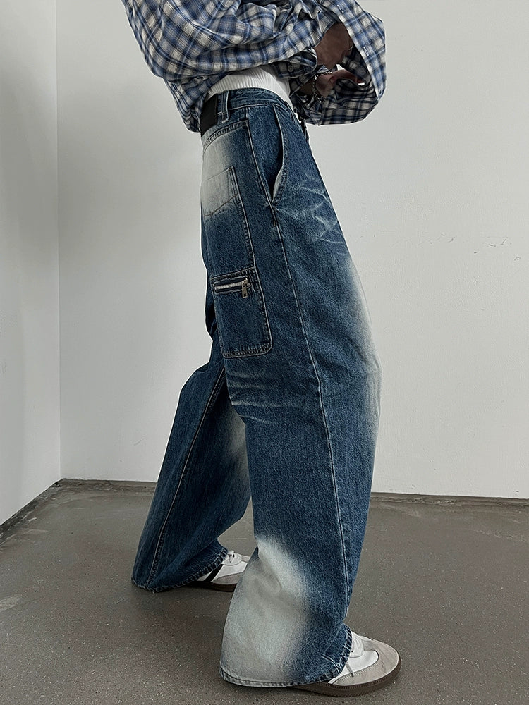 Washed Mid-High Waist Wide-Leg Straight Denim Jeans WN10775